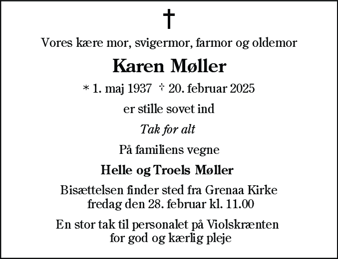 Dødsannonce for Karen Møller