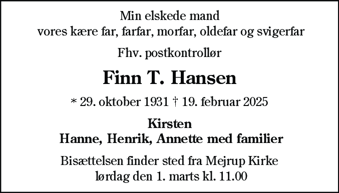 Dødsannonce for Finn Tanholdt Hansen