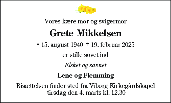 Dødsannonce for Grete Mikkelsen