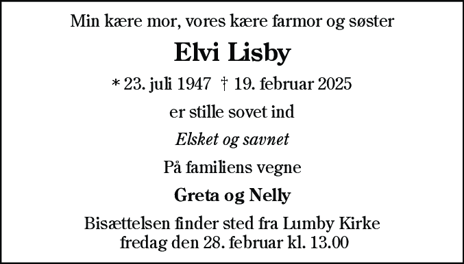 Dødsannonce for Elvi Lisby