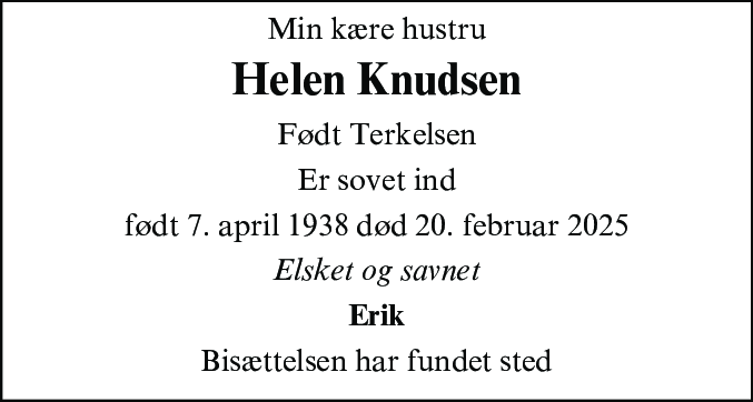 Dødsannonce for Helen Knudsen