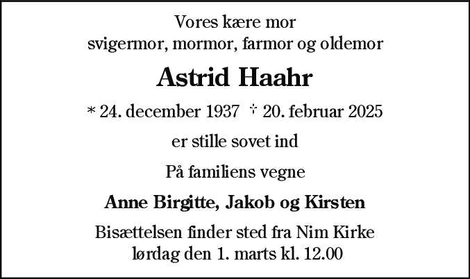 Dødsannonce for Astrid Haahr