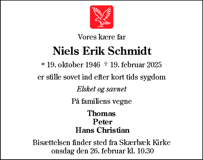 Dødsannonce for Niels Erik Schmidt