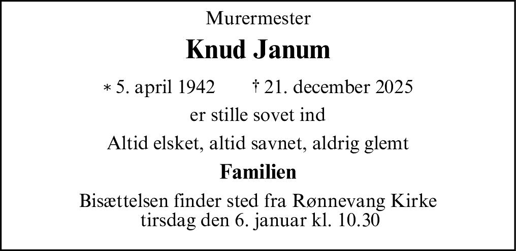 Dødsannonce for Knud Agner Janum
