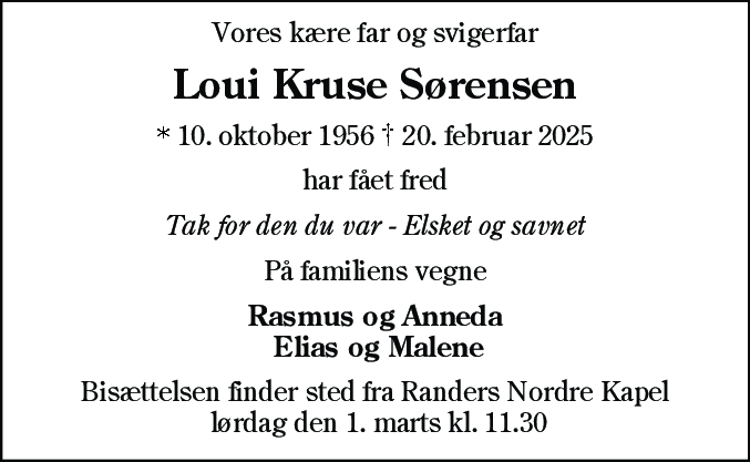 Dødsannonce for Loui Kruse Sørensen