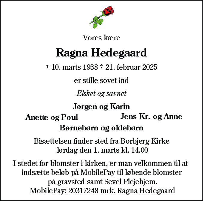 Dødsannonce for Ragna Hedegaard