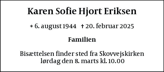 Dødsannonce for Karen Sofie Hjort Eriksen