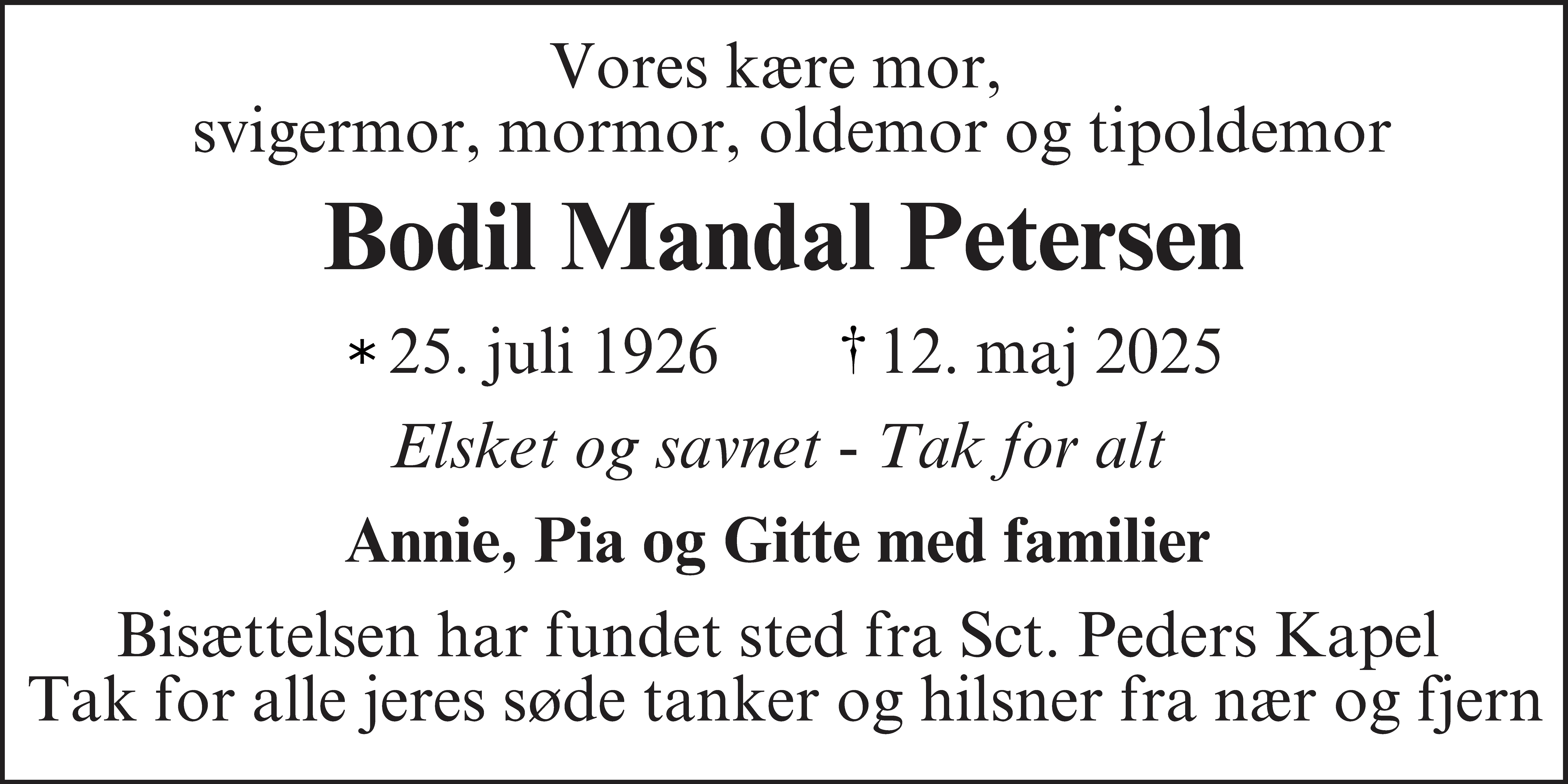Dødsannonce for Bodil Marie Mandal Petersen