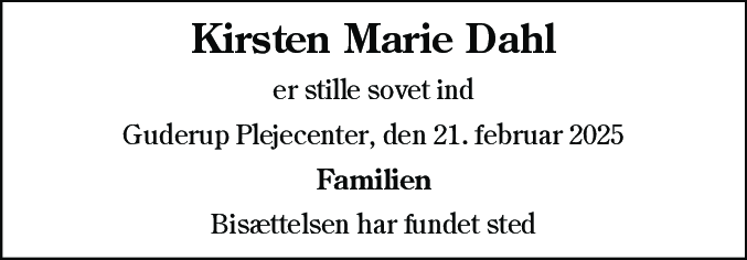 Dødsannonce for Kirsten Marie Dahl