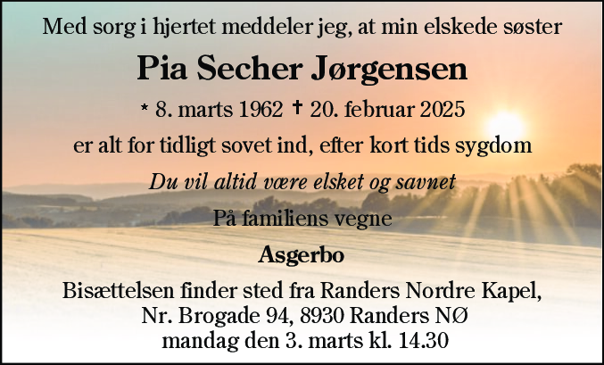 Dødsannonce for Pia Secher Jørgensen