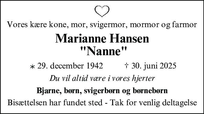 Dødsannonce for Marianne Hansen