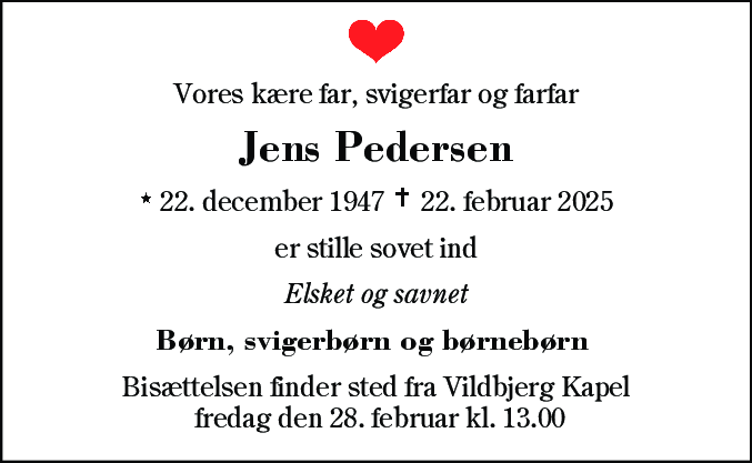 Dødsannonce for Jens Pedersen