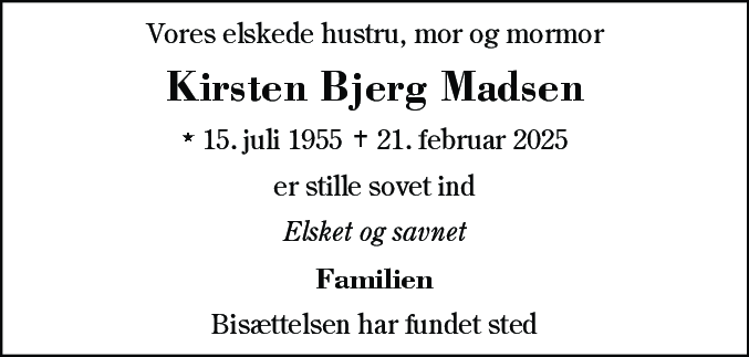 Dødsannonce for Kirsten Bjerg Madsen