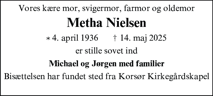 Dødsannonce for Metha Marie Nielsen