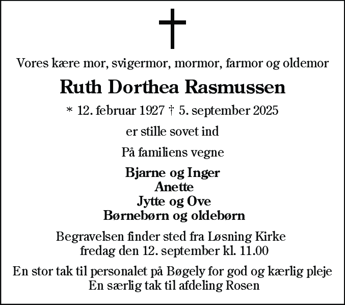 Dødsannonce for Ruth Dorthea Rasmussen