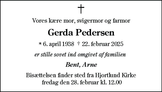 Dødsannonce for Gerda Pedersen
