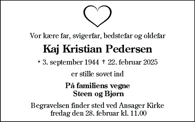 Dødsannonce for Kaj Kristian Pedersen