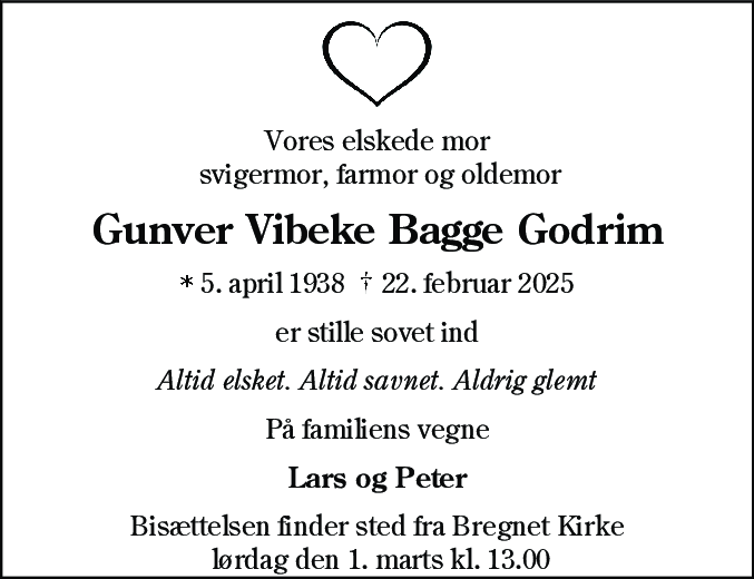 Dødsannonce for Gunver Vibeke Bagge Godrim