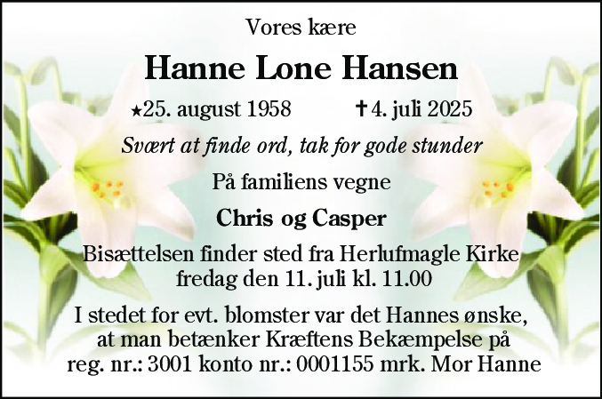 Dødsannonce for Hanne Lone Hansen