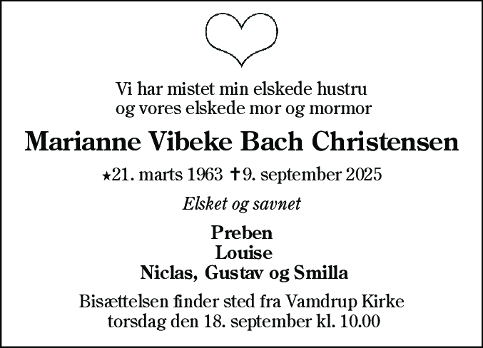 Dødsannonce for Marianne Vibeke Bach Christensen