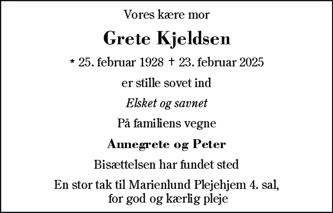 Dødsannonce for Grethe Kjeldsen