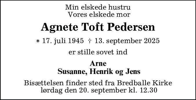 Dødsannonce for Agnete Pedersen