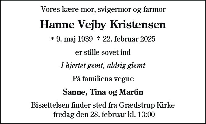 Dødsannonce for Hanne Vejby Kristensen