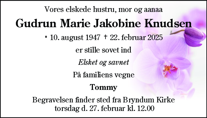 Dødsannonce for Gudrun Marie Jakobine Knudsen