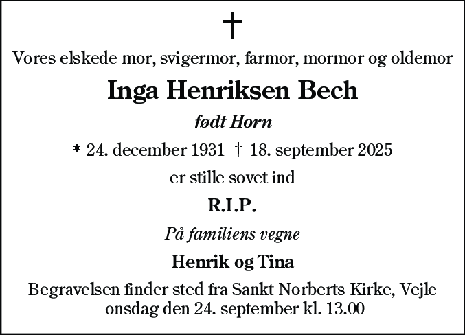 Dødsannonce for Inga Henriksen Bech