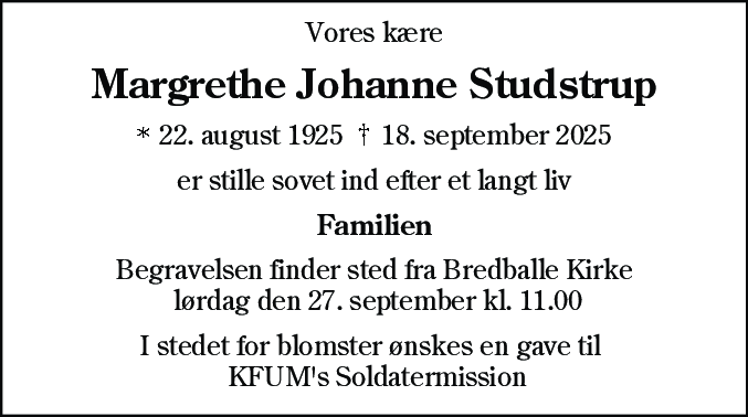 Dødsannonce for Margrethe Johanne Studstrup