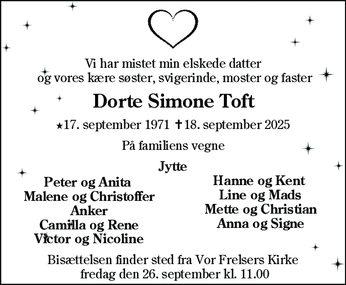 Dødsannonce for Dorte Simone Toft