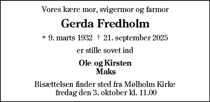 Dødsannonce for Gerda Buhl Fredholm