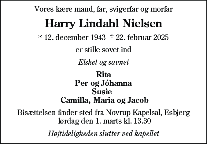 Dødsannonce for Harry Lindahl Nielsen
