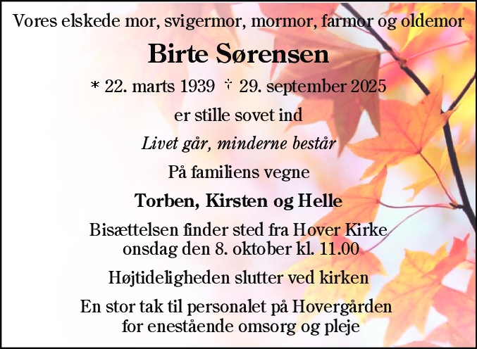 Dødsannonce for Birte Sørensen