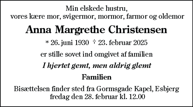Dødsannonce for Anna Margrethe Christensen