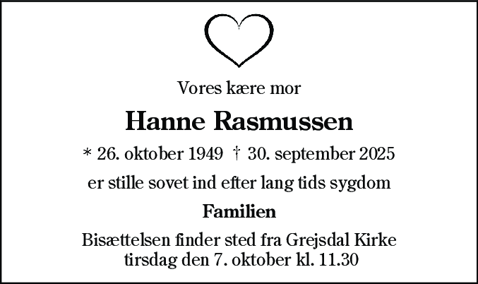Dødsannonce for Hanne Rasmussen