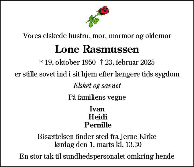 Dødsannonce for Lone Rasmussen