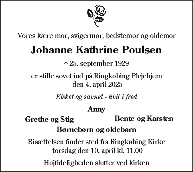 Dødsannonce for Johanne Kathrine Poulsen