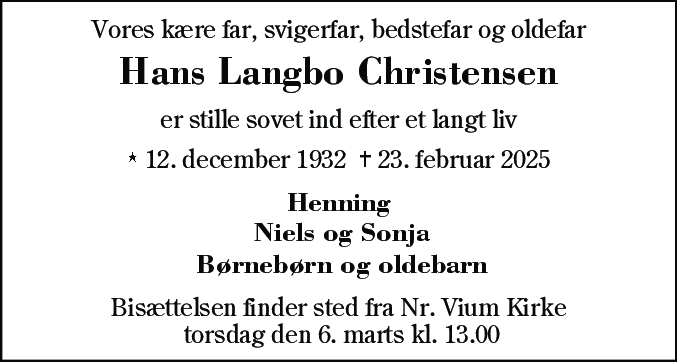 Dødsannonce for Hans Langbo Christensen