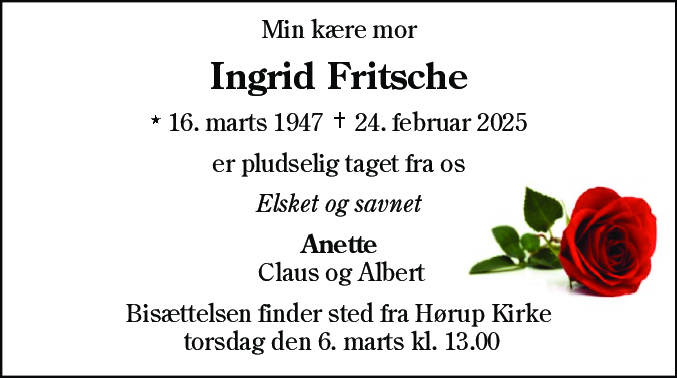 Dødsannonce for Ingrid Fritsche