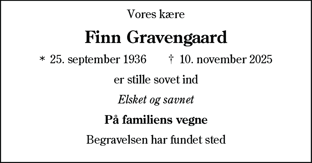 Dødsannonce for Find Gravengaard