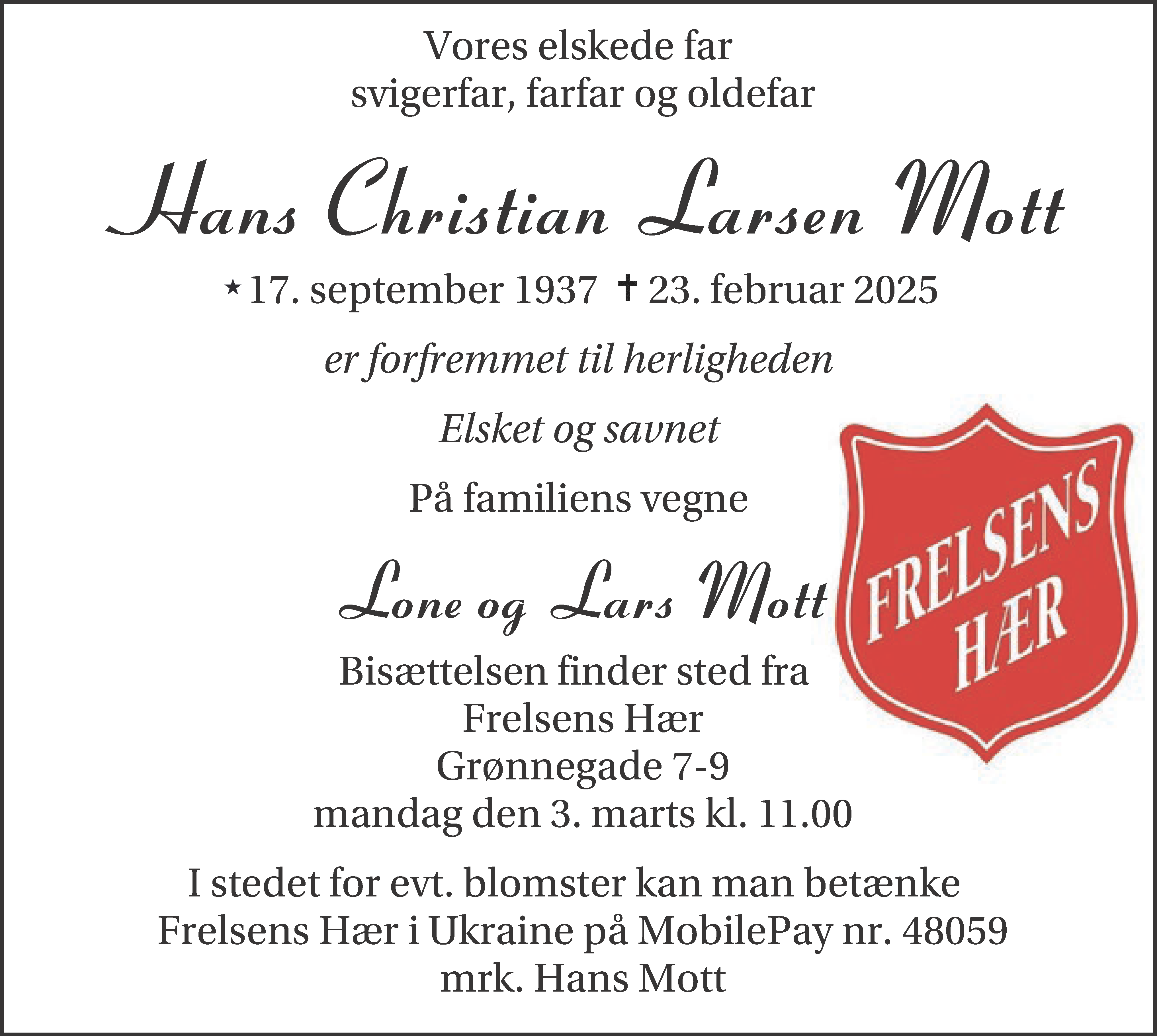 Dødsannonce for Hans Christian Larsen Mott