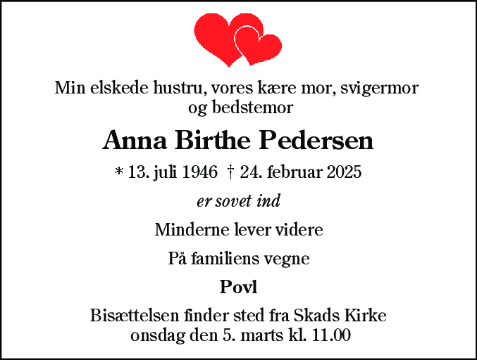 Dødsannonce for Anna Birthe Pedersen