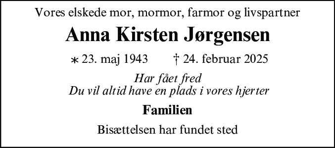 Dødsannonce for Anna Kirsten Jørgensen