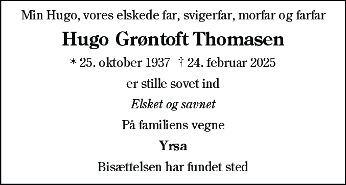 Dødsannonce for Hugo Grøntoft Thomasen