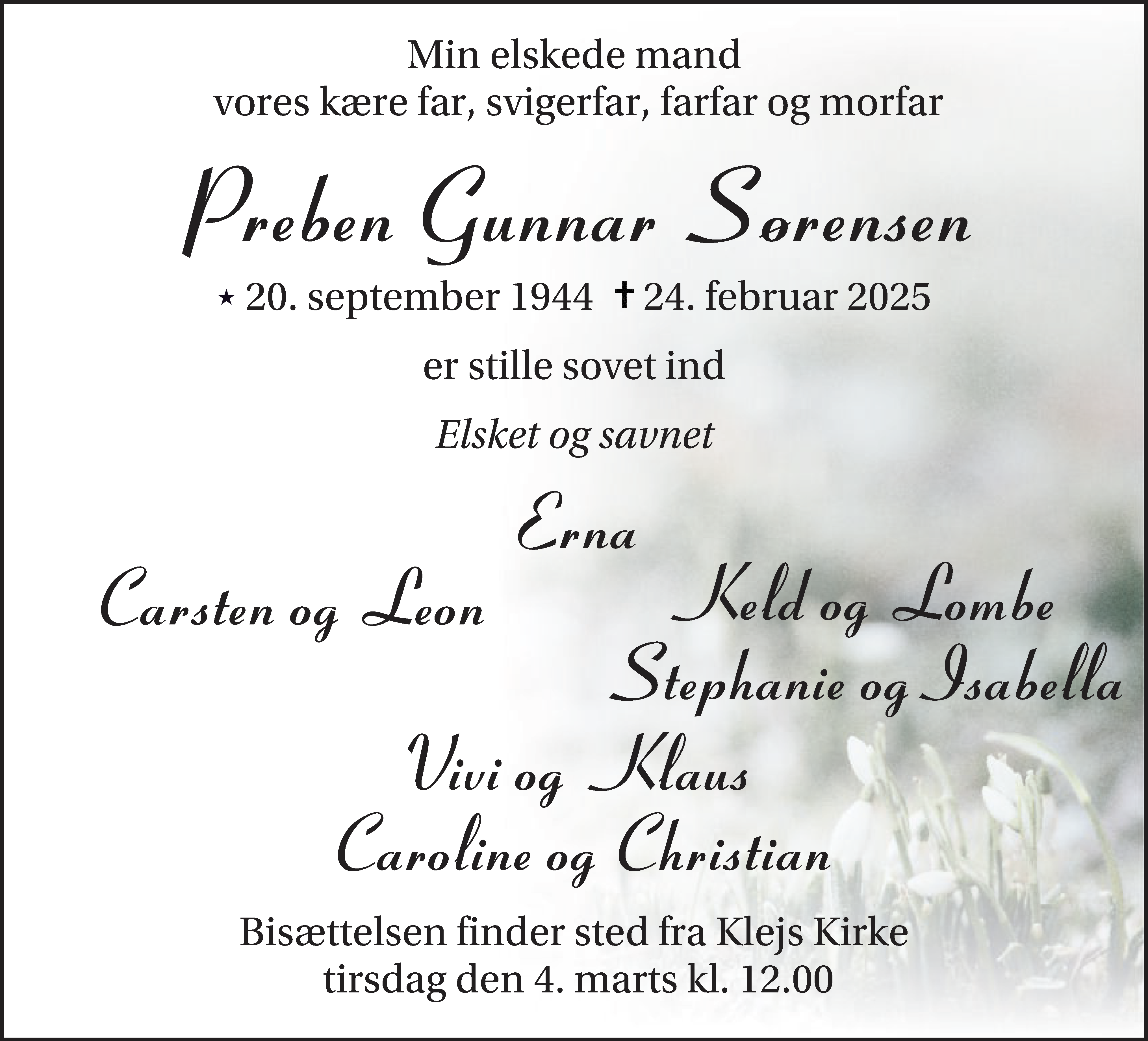 Dødsannonce for Preben Gunnar Sørensen