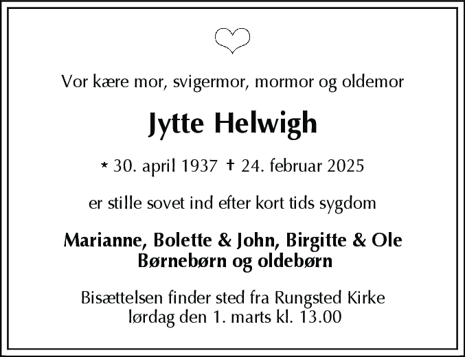 Dødsannonce for Jytte Margrethe Helwigh