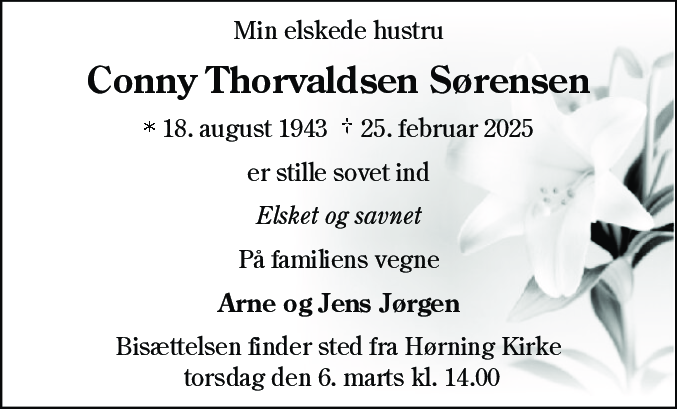 Dødsannonce for Conny Thorvaldsen Sørensen
