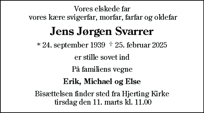 Dødsannonce for Jens Jørgen Svarrer