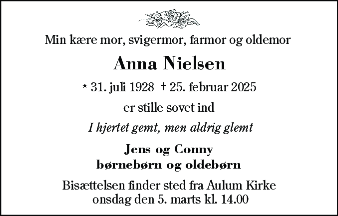 Dødsannonce for Anna Nielsen